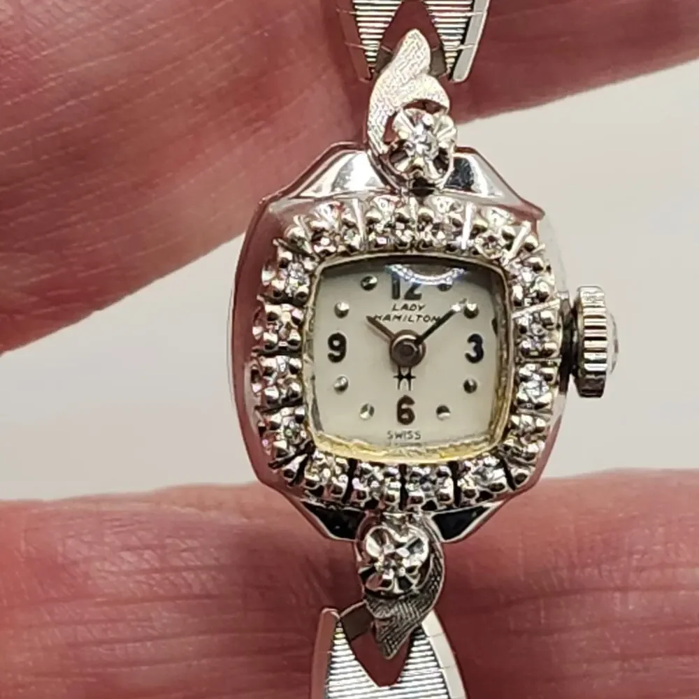 Vintage Lady Hamilton 14K White Gold Diamond Bezel Cocktail Watch (Non-Working)
